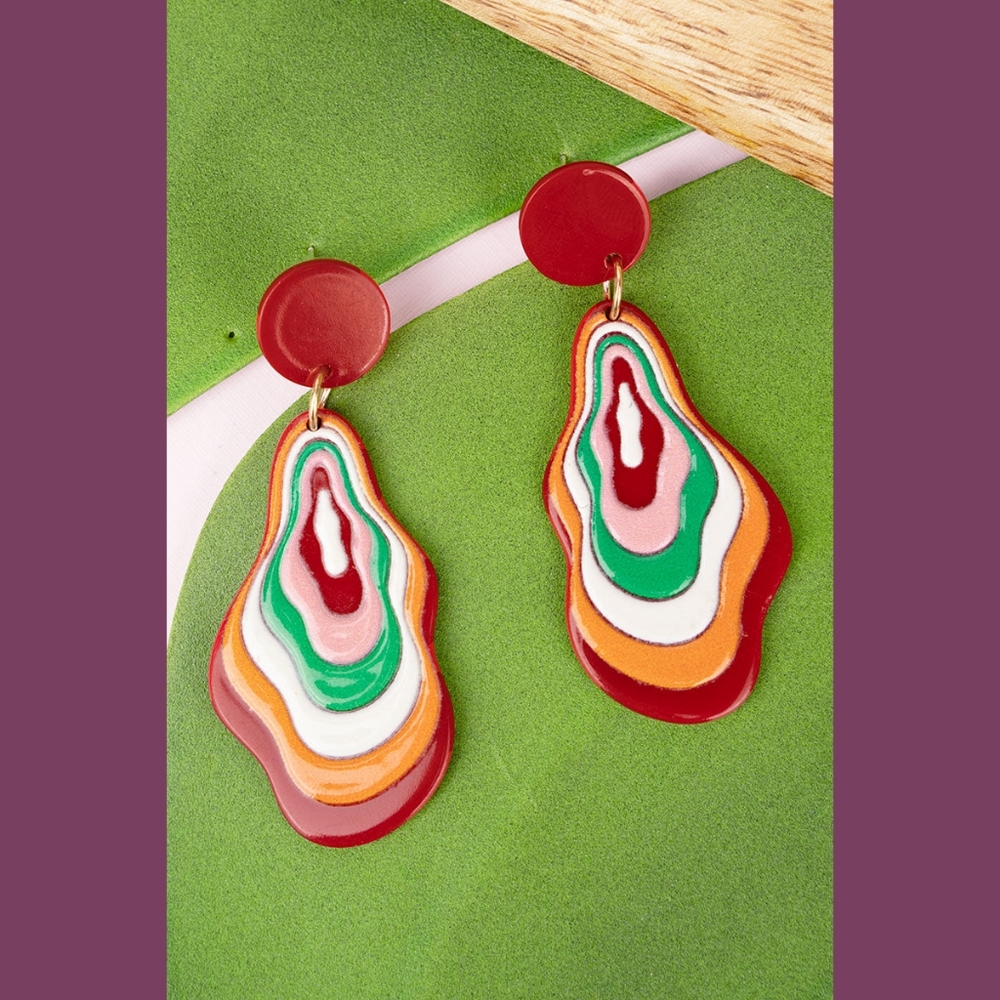 Trippie psychedelic multi color acetate Plastic surrealistic earrings - Picture 1 of 10